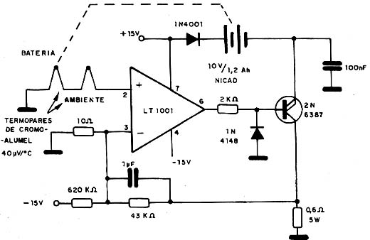 Carregador de bateria Nicad termicamente controlado.
Carregador de bateria Nicad termicamente controlado.
