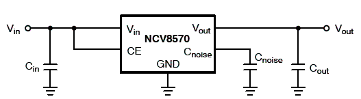 Circuito regulador de tensão com o LDO NCV8570 da On Semiconductor.
Circuito regulador de tensão com o LDO NCV8570 da On Semiconductor.