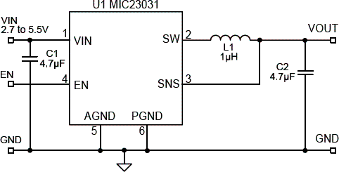 Circuito para uma saída de 1,8 V utilizando o circuito integrado MIC23031 da Micrel.
Circuito para uma saída de 1,8 V utilizando o circuito integrado MIC23031 da Micrel.