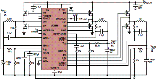 Figura 1 - Regulador triplo de alta eficiência com o LTC3853 da Linear Technology
Figura 1 - Regulador triplo de alta eficiência com o LTC3853 da Linear Technology