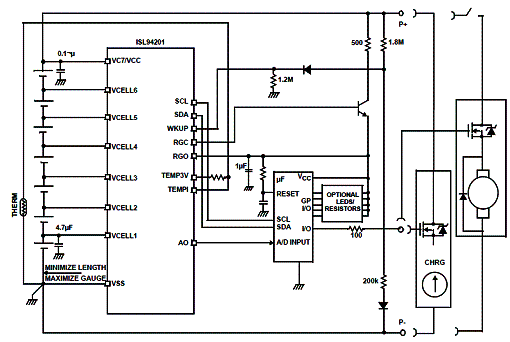 Figura 3 - Circuito de gerenciamento de energia para7 células de Li-Ion que alimentam um dispositivo motorizado.
