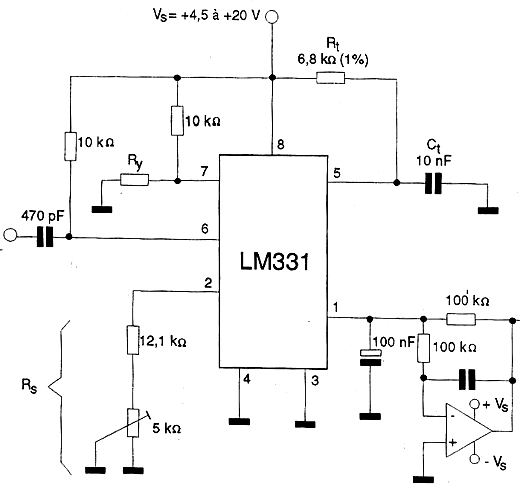 Freqüência-tensão de precisão - 10 kHz de fundo de escala (o,01% de não linearidade).
Freqüência-tensão de precisão - 10 kHz de fundo de escala (o,01% de não linearidade).