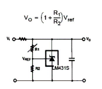 Regulador tipo shunt para correntes de 1 a 100 mA utilizando o LM431S da Fairchild.
