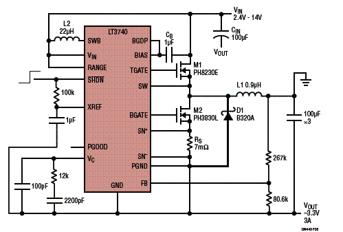 Este circuito produz uma tensão negativa de 3,3 V com corrente até 3 A partir de tensões de entrada positivas de 2,4 V a 14 V.
Este circuito produz uma tensão negativa de 3,3 V com corrente até 3 A partir de tensões de entrada positivas de 2,4 V a 14 V.