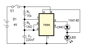 Oscilador controlado pela luz. O sensor é o próprio LED que pisca numa freqüência determinada por R1, R2 e C1.
