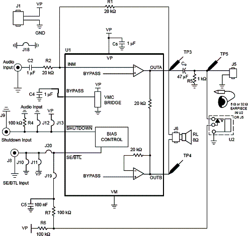 Figura 2 - Amplificador de 1 W para fone com o NCP4896 da On semiconductor.
Figura 2 - Amplificador de 1 W para fone com o NCP4896 da On semiconductor.