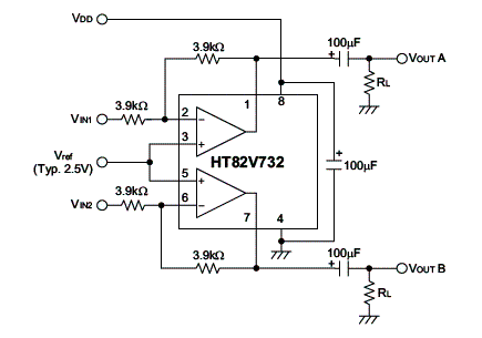 Figura 6 - Diagrama do amplificador de 60 mW Holtek na versão estéreo.
Figura 6 - Diagrama do amplificador de 60 mW Holtek na versão estéreo.