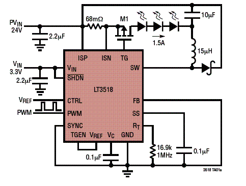  Driver de LED de 2,3 A utilizando o LT3518 da Linear Technology.
