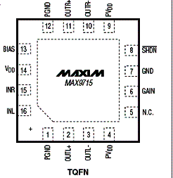 Invólucro e pinagem do MAX9715.
Invólucro e pinagem do MAX9715.