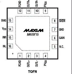  Invólucro e pinagem do MAX9715.
