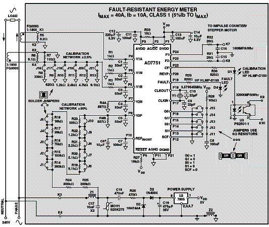 Diagrama completo do medidor de consumo de energia da Analog Devices com o AD7751.
Diagrama completo do medidor de consumo de energia da Analog Devices com o AD7751.