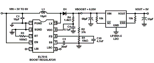 Fonte de 5 V USB utilizando um regulador boost e um LDO.
Fonte de 5 V USB utilizando um regulador boost e um LDO.
