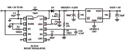 Fonte de 5 V USB utilizando um regulador boost e um LDO.
