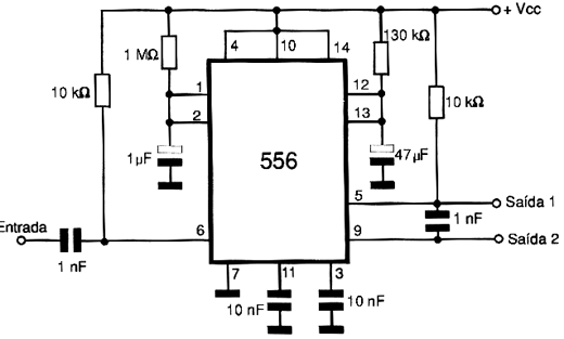 Timer seqüencial. Podem ser usados dois 555 comuns.
Timer seqüencial. Podem ser usados dois 555 comuns.