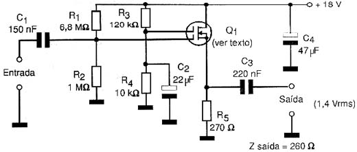 Seguidor de fonte, onde qualquer MOSFET de comporta upla pode ser usado. 