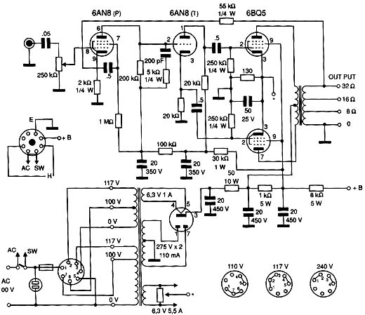 A válvula 6CA4 é substituída por diodos de silício (1N4007) nas versões modernas deste amplificador, mas muito melhor qualidade de som pode ser obtida com diodos Schottky.
A válvula 6CA4 é substituída por diodos de silício (1N4007) nas versões modernas deste amplificador, mas muito melhor qualidade de som pode ser obtida com diodos Schottky.