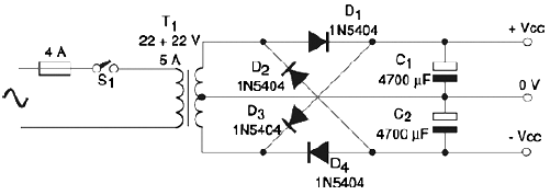 Figura 7 - Sugestão de fonte para o amplificador. Figura 7 - Sugestão de fonte para o amplificador.