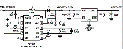 Figura 1 - Fonte de 5 V USB utilizando um regulador boost e um LDO. Figura 1 - Fonte de 5 V USB utilizando um regulador boost e um LDO.