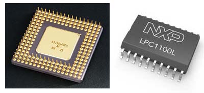 Figura 4 - Em (a) um microprocessador 486 usado em PCs antigos e em (b) um microcontrolador moderno Figura 4 - Em (a) um microprocessador 486 usado em PCs antigos e em (b) um microcontrolador moderno