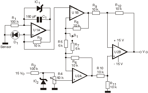 Diagrama do termômetro analógico usando o TL052.
Diagrama do termômetro analógico usando o TL052.