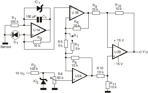 Diagrama do termômetro analógico usando o  TL052.
