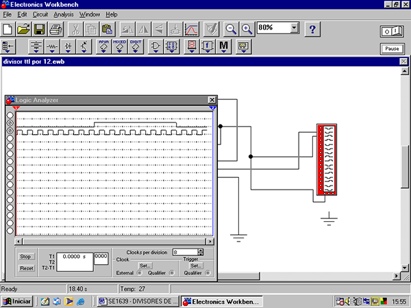 Divisor por 16 simulado. O instrumento é o analisador lógico ajustado para clock externo.
Divisor por 16 simulado. O instrumento é o analisador lógico ajustado para clock externo.