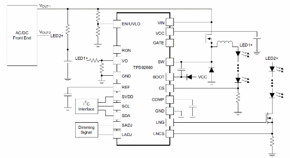 Figura 1 – Circuito de aplicação do datasheet da Texas Instruments.
Figura 1 – Circuito de aplicação do datasheet da Texas Instruments.