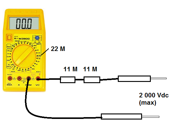 Figura 3 – Multiplicando por 2 a escala de tensão de um multímetro de 22 M com 1 000 V de fundo, para 2 000 V de fundo de escala.
Figura 3 – Multiplicando por 2 a escala de tensão de um multímetro de 22 M com 1 000 V de fundo, para 2 000 V de fundo de escala.