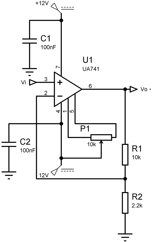Figura 02: Diagrama esquemático completo do circuito amplificador de tensão.
Figura 02: Diagrama esquemático completo do circuito amplificador de tensão.