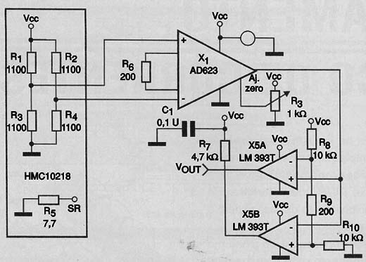 Circuito com amplificador de instrumentação e comparador de janela.
