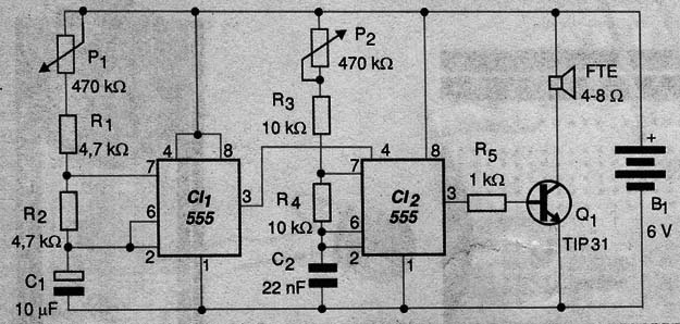 Sirene bi-tonal com dois circuitos integrados 555.
Sirene bi-tonal com dois circuitos integrados 555.
