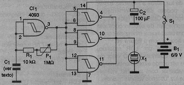 Circuito para teste do capacitor experimental.
Circuito para teste do capacitor experimental.