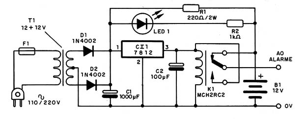 Fig. 8 - Carregador permanente para o alarme - circuito 3.
Fig. 8 - Carregador permanente para o alarme - circuito 3.
