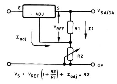 Fig. 2 - Uso do LM338. Fórmula para a determinação da tensão de saída.
Fig. 2 - Uso do LM338. Fórmula para a determinação da tensão de saída.