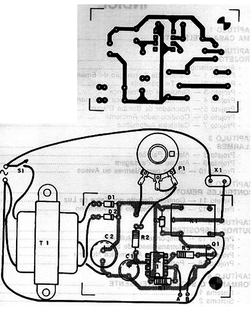 Figura 2 – Placa de circuito impresso e disposição dos componentes na montagem.
Figura 2 – Placa de circuito impresso e disposição dos componentes na montagem.