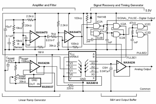 Figura 2 - Diagrama completo do receptor remoto de temperatura por infravermelho sugerido pela Maxim.
Figura 2 - Diagrama completo do receptor remoto de temperatura por infravermelho sugerido pela Maxim.
