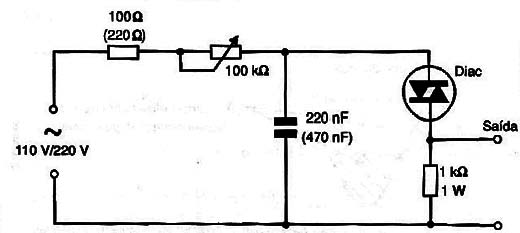 Disparador com retardo de fase usando um DIAC. O DIAC pode ser o 1N5411 ou equivalente.
