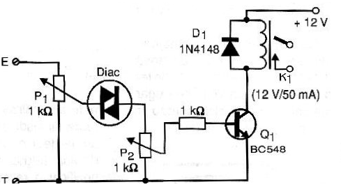 Sensor de tensão usando um DIAC. O juste é feito em P1 para a tensão de disparo.
Sensor de tensão usando um DIAC. O juste é feito em P1 para a tensão de disparo.