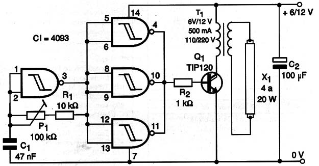 Inversor para fluorescente – ajustar P1 para o máximo rendimento.
