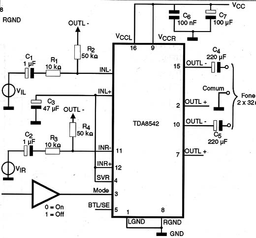 Circuito para fone de ouvido com o TDA8542
