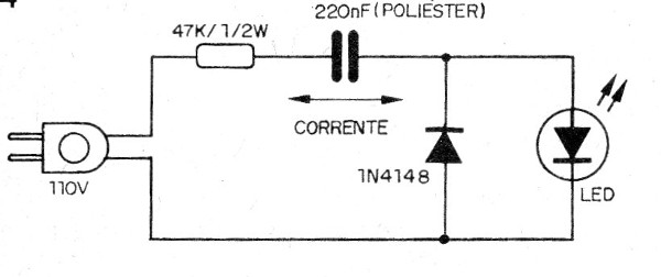 Figura 4 – LED num circuito de corrente alternada com capacitor
Figura 4 – LED num circuito de corrente alternada com capacitor