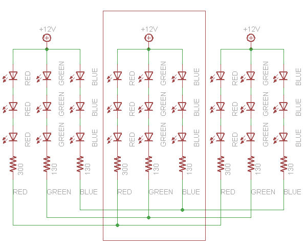 Um segmento ou bloco de LEDs RGB.
Um segmento ou bloco de LEDs RGB.