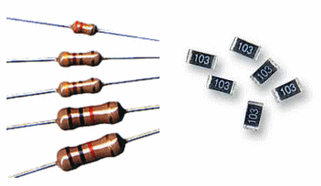 Figura 48 – Resistores de carbono de baixa dissipação e resistores SMD (Os resistores SMD estão com seus tamanhos ampliados)
