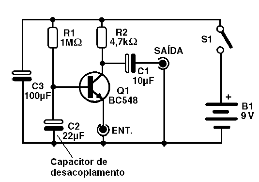 Neste amplificador de base comum, o capacitor desacopla a base
