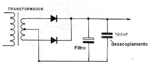 Capacitor de desacoplamento em paralelo com capacitor de filtro, numa fonte
