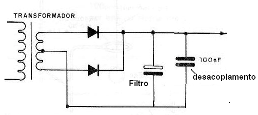 Capacitor de desacoplamento em paralelo com capacitor de filtro, numa fonte
