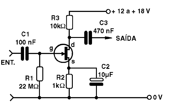 Pré-amplificador usando um JFET
