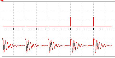 Sinal amortecido produzido por um oscilador de duplo T, visto num osciloscópio virtual (Multisim)
