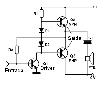 Etapa de saída sem transformador com transistores complementares
