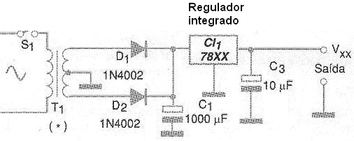 Uma fonte de alimentação com um circuito integrado regulador de tensão
